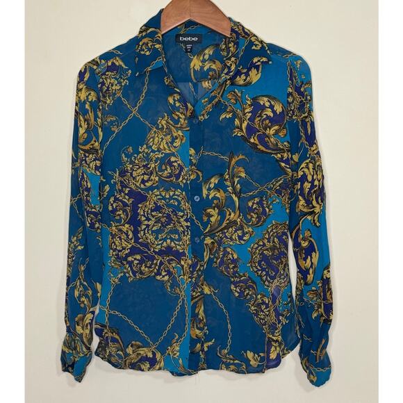 Bebe Baroque Print Blouse Womens XS 100% Silk Sheer Blue & Gold Button Down Top - Picture 1 of 5